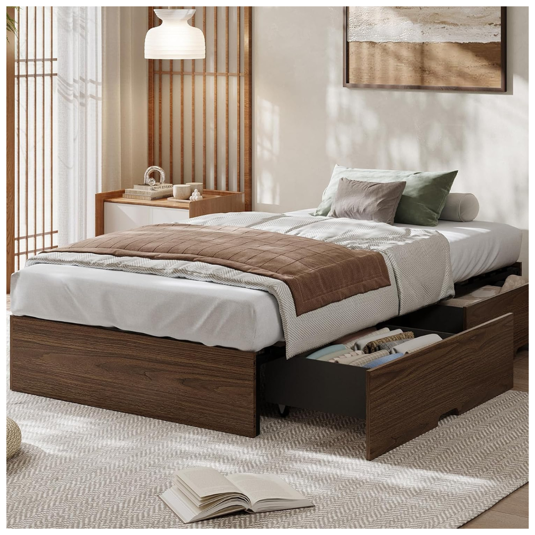 GarveeHome Twin Size Wood Platform Bed Frame With 2 Storage Drawers