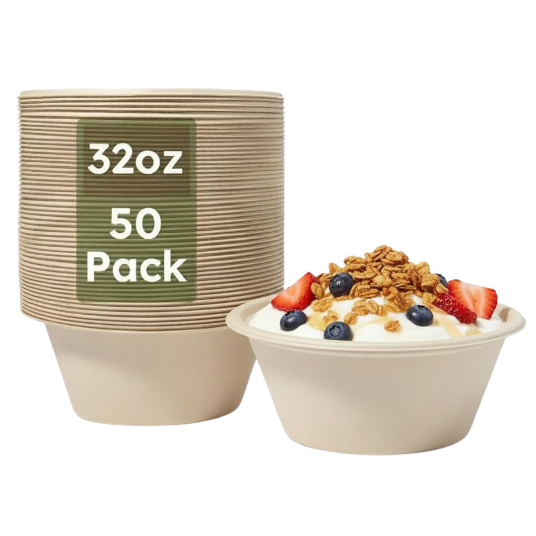 50-Pack 32 oz Compostable Bagasse Paper Soup Bowls