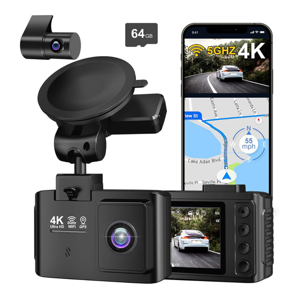 4K+2.5K Dual Channel Front And Rear Dash Cam With 64GB Card