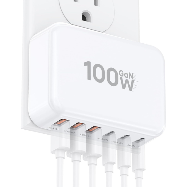 GaN 100W 6-Port USB-C Charging Station w/ PD 3.0 & QC