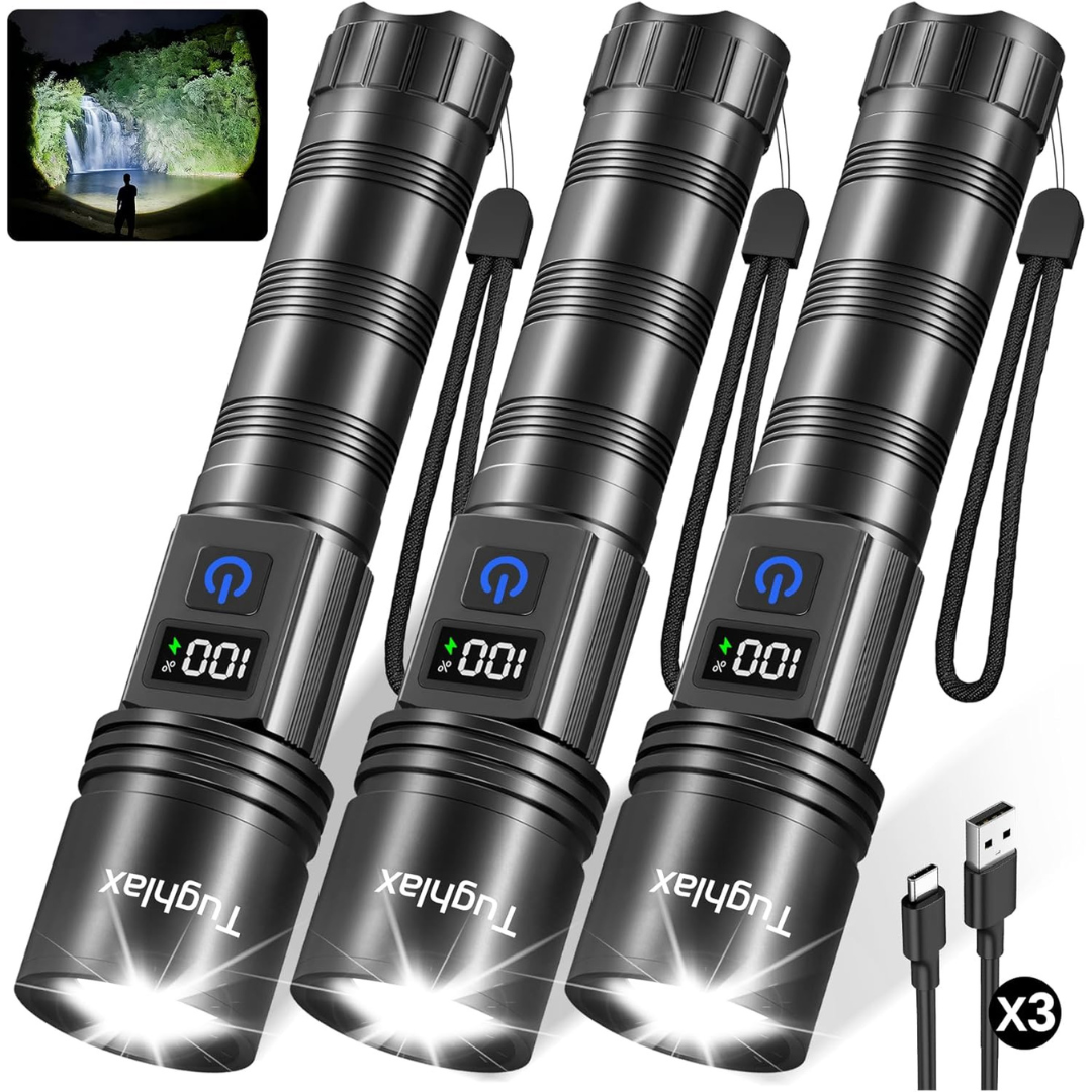 3-Pack 5-Modes High Lumens Super Bright Rechargeable Flashlights