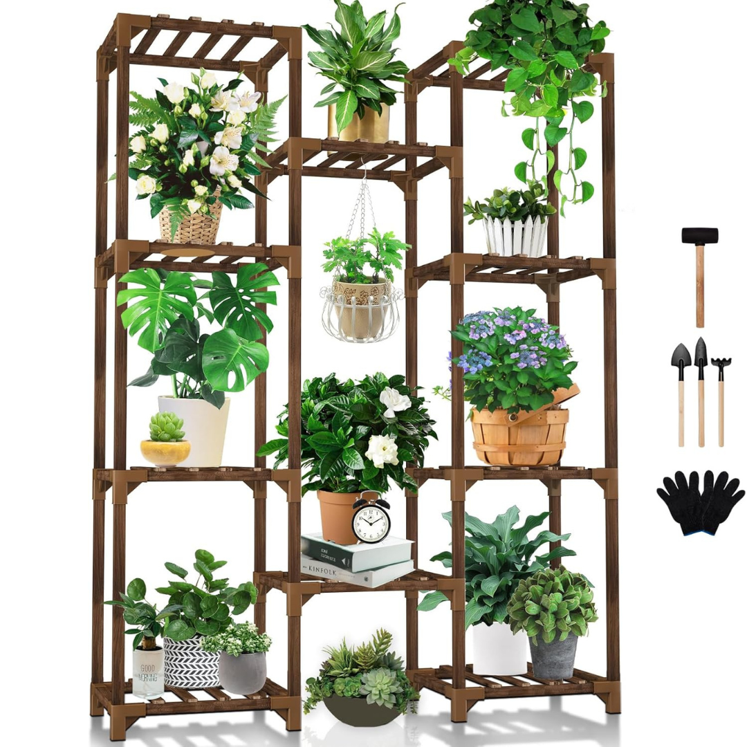 47" Uneedem 10-Tier Tall Wooden Plant Stand for 11 Pots