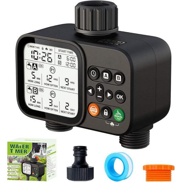 2 Zone Sprinkler Timer W/ Rain Delay & 3.3" Large LCD