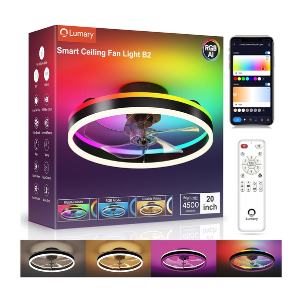Lumary 20" Smart Wi-Fi Flush Mount Ceiling Fan W/ RGBAI LED Light & Remote