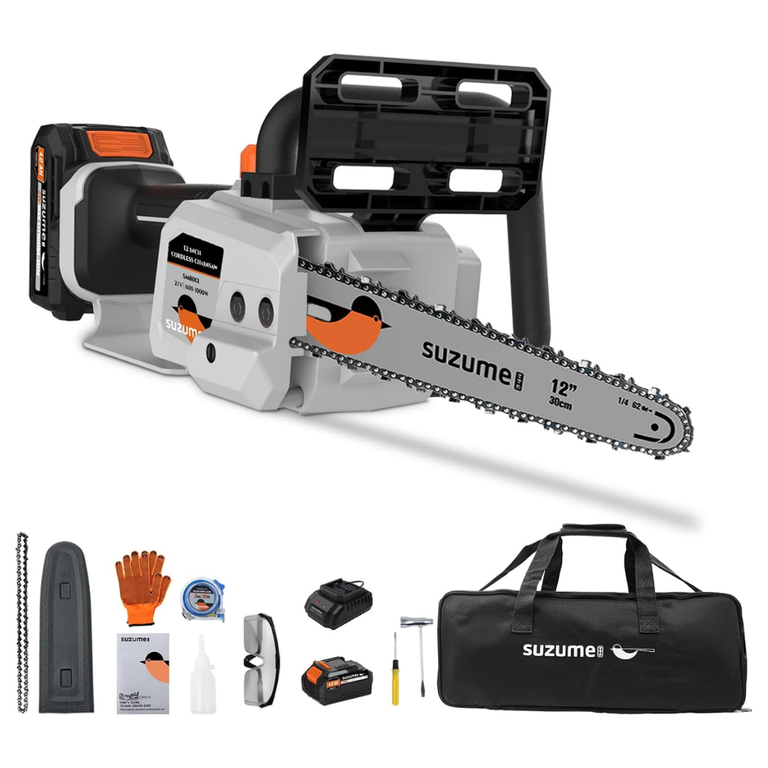 Suzume 21V 12" Cordless Electric Chainsaw W/ 2x 4.0Ah Batteries & 2 Chains