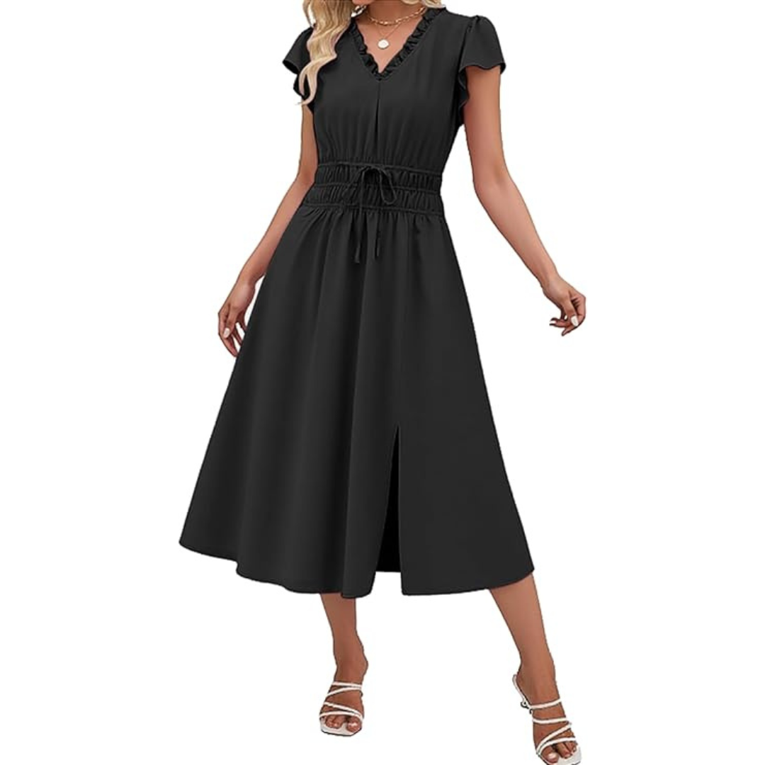 Angashion Women's V-Neck Cap Sleeve Empire Waist Midi Dress w/ Pockets (4 Colors)
