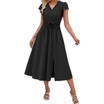 Angashion Women's V-Neck Cap Sleeve Empire Waist Midi Dress w/ Pockets (4 Colors)