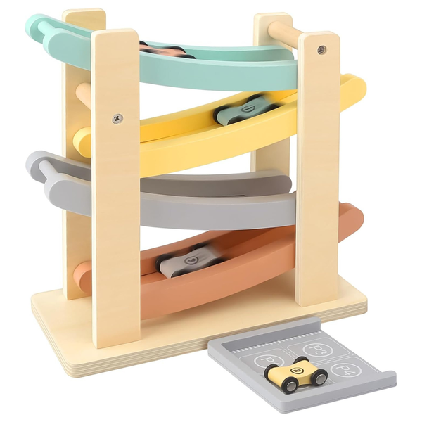 Montessori Wooden Car Ramp Racer Toy W/ 4 Mini Cars & Garages