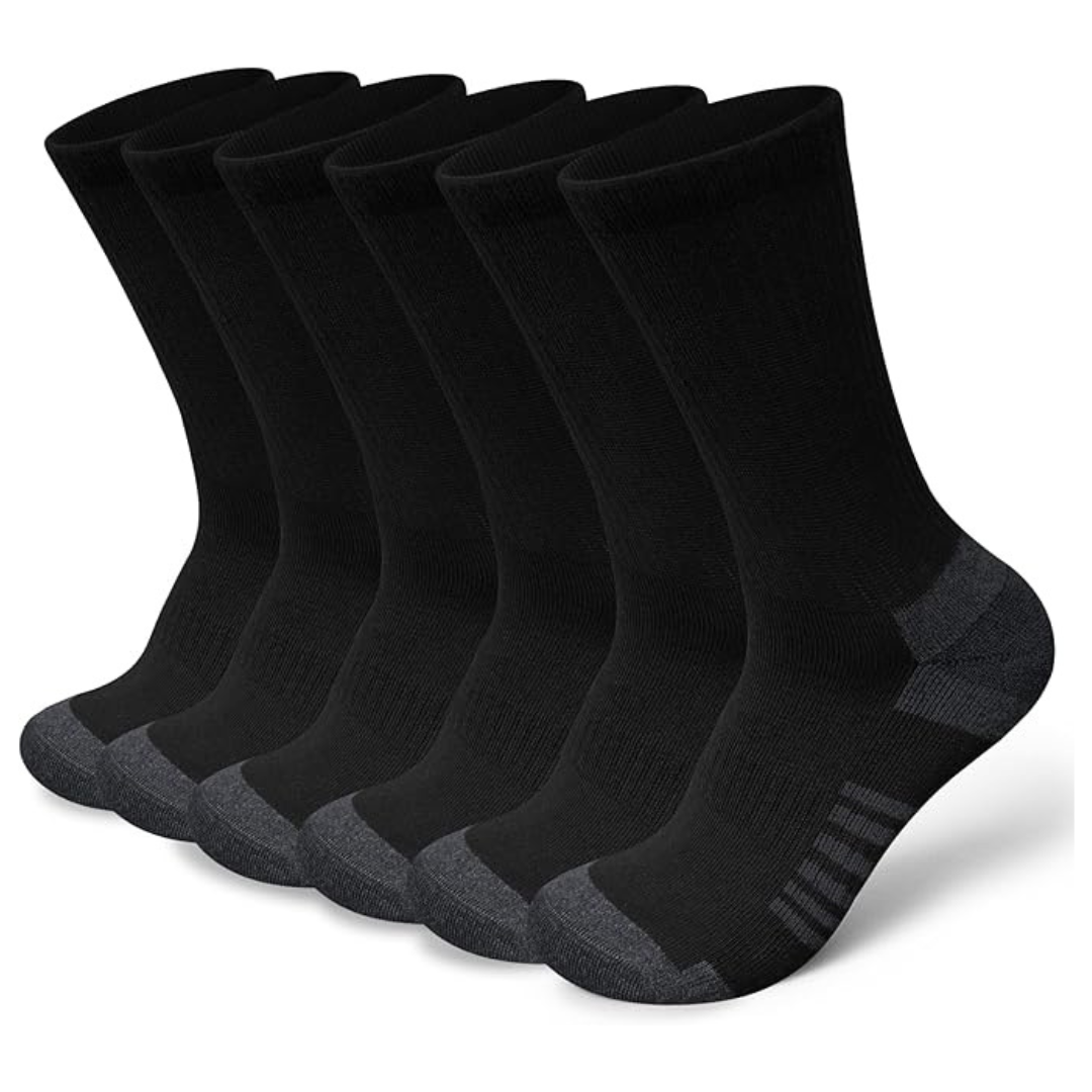 6-Pairs Unisex Cotton Moisture Wicking Hiking Crew Socks