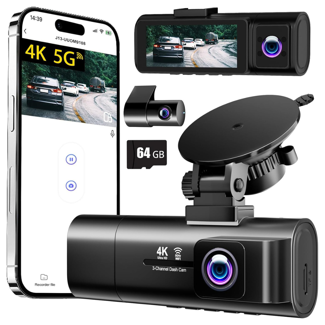 3-Channel Dash Cam With 4K+1080P+1080P Front Rear & Inside Cameras