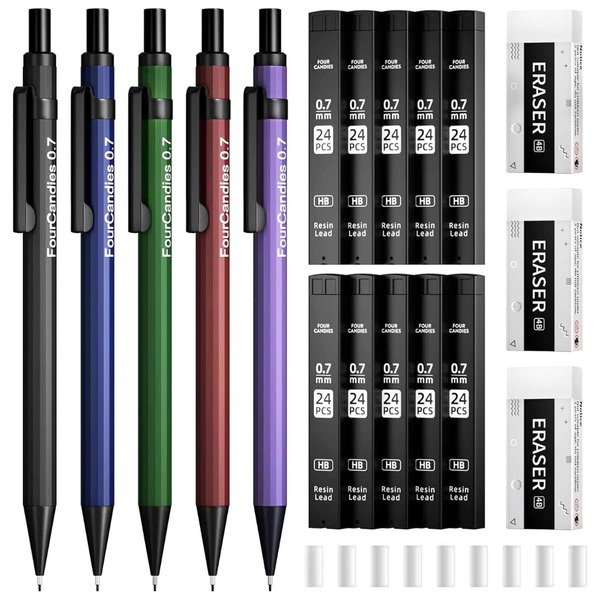 19-Count Four Candies 0.7mm Mechanical Pencil Set W/ Leads & Erasers
