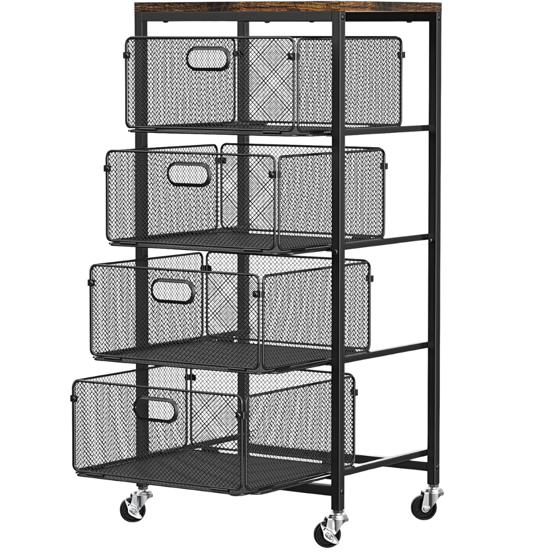 4-Tier Rolling Cart With Metal Mesh Drawers & Wooden Top