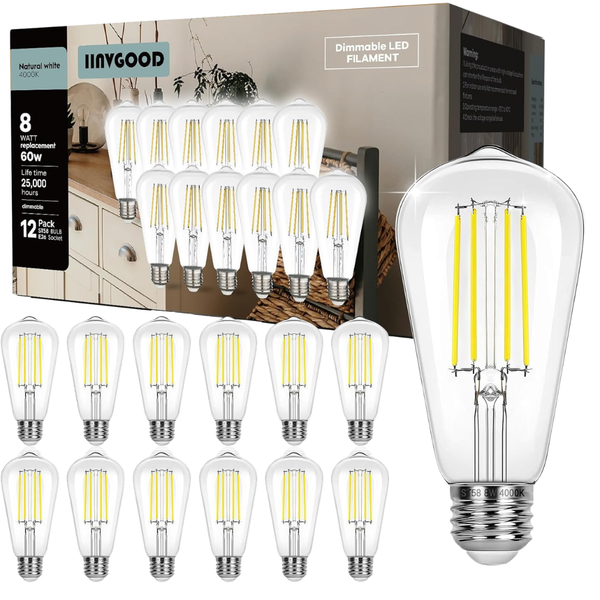12-Pack Iinvgood Dimmable Edison ST58 Vintage LED Light Bulbs