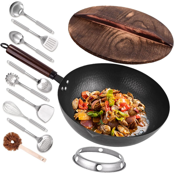 12.8" Carbon Steel Wok w/ Lid & 10 Cookware Accessories