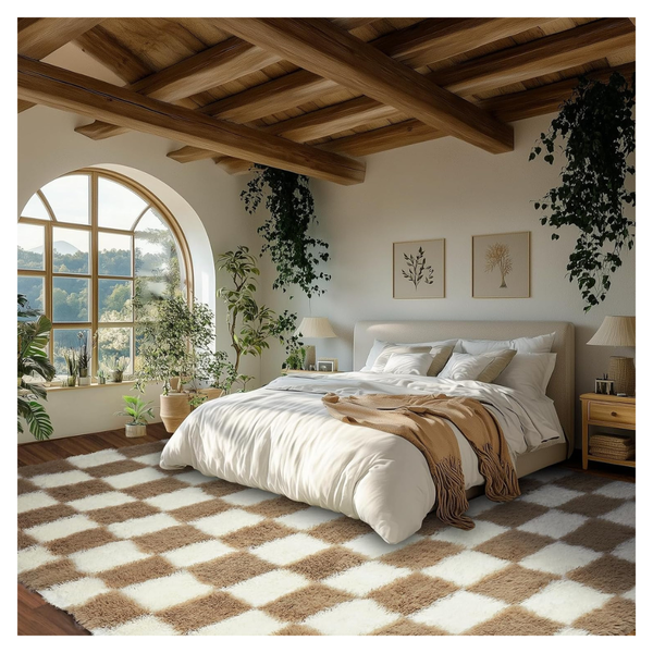 6ft X 9ft Beige And White Checkered Fluffy Shaggy Rugs