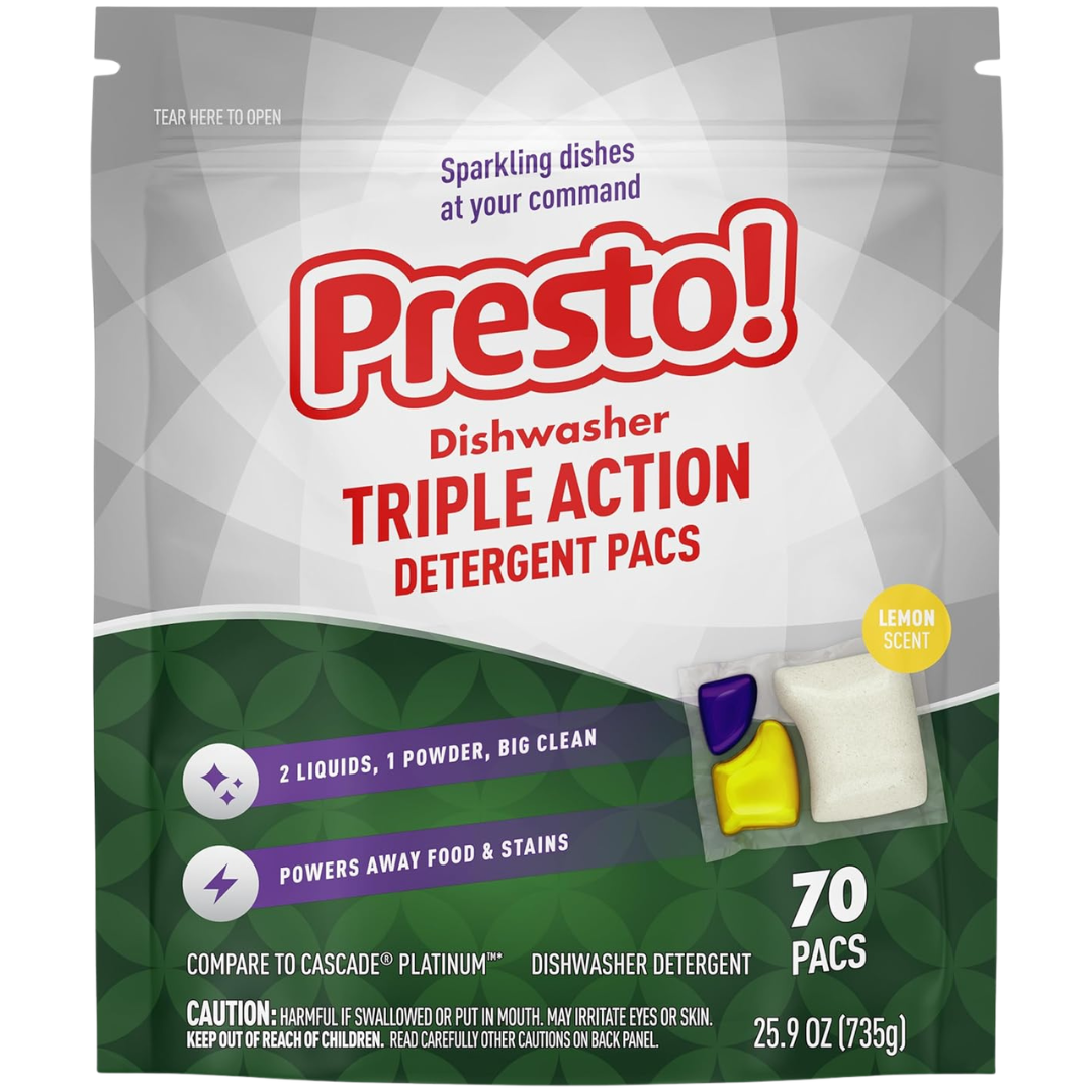 70-Count Amazon Brand Presto! Triple Action Dishwasher Pacs (Lemon Scent)