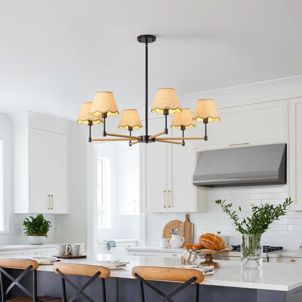 6-Light Boho Rattan Modern Black Farmhouse Chandelier