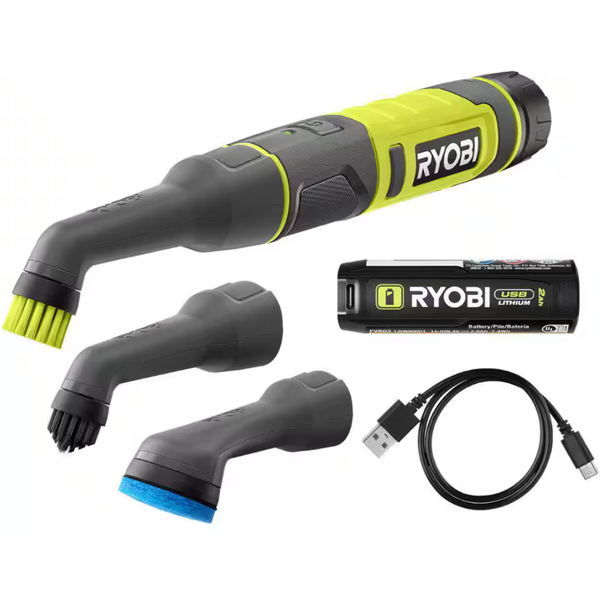 RYOBI USB Lithium Cordless Compact Detail Scrubber Kit W/ 2Ah Battery & 3-Heads