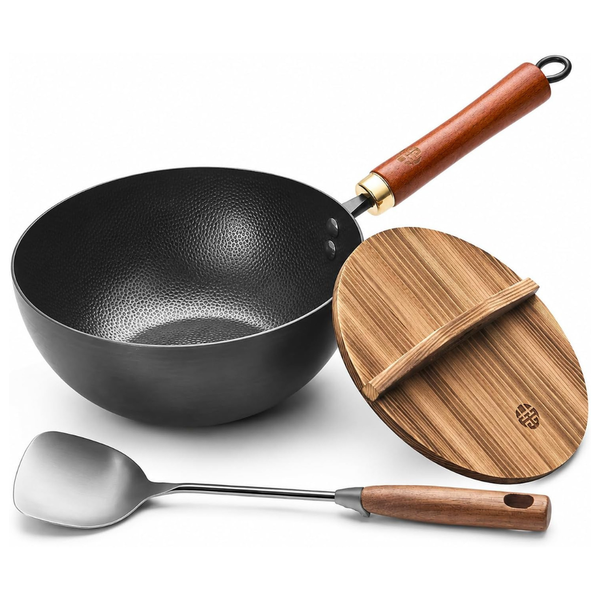 8.7" Carbon Steel Mini Wok Flat Bottom Stir Fry Pan W/Lid & Spatula
