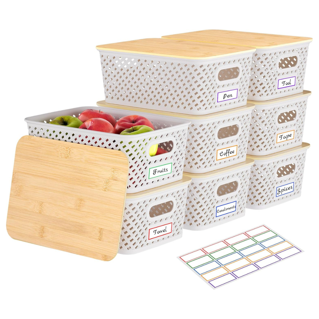 8-Pack Stackable Plastic Storage Bins W/ Bamboo Lids