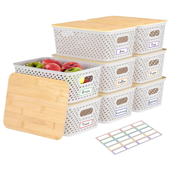 8-Pack Stackable Plastic Storage Bins W/ Bamboo Lids