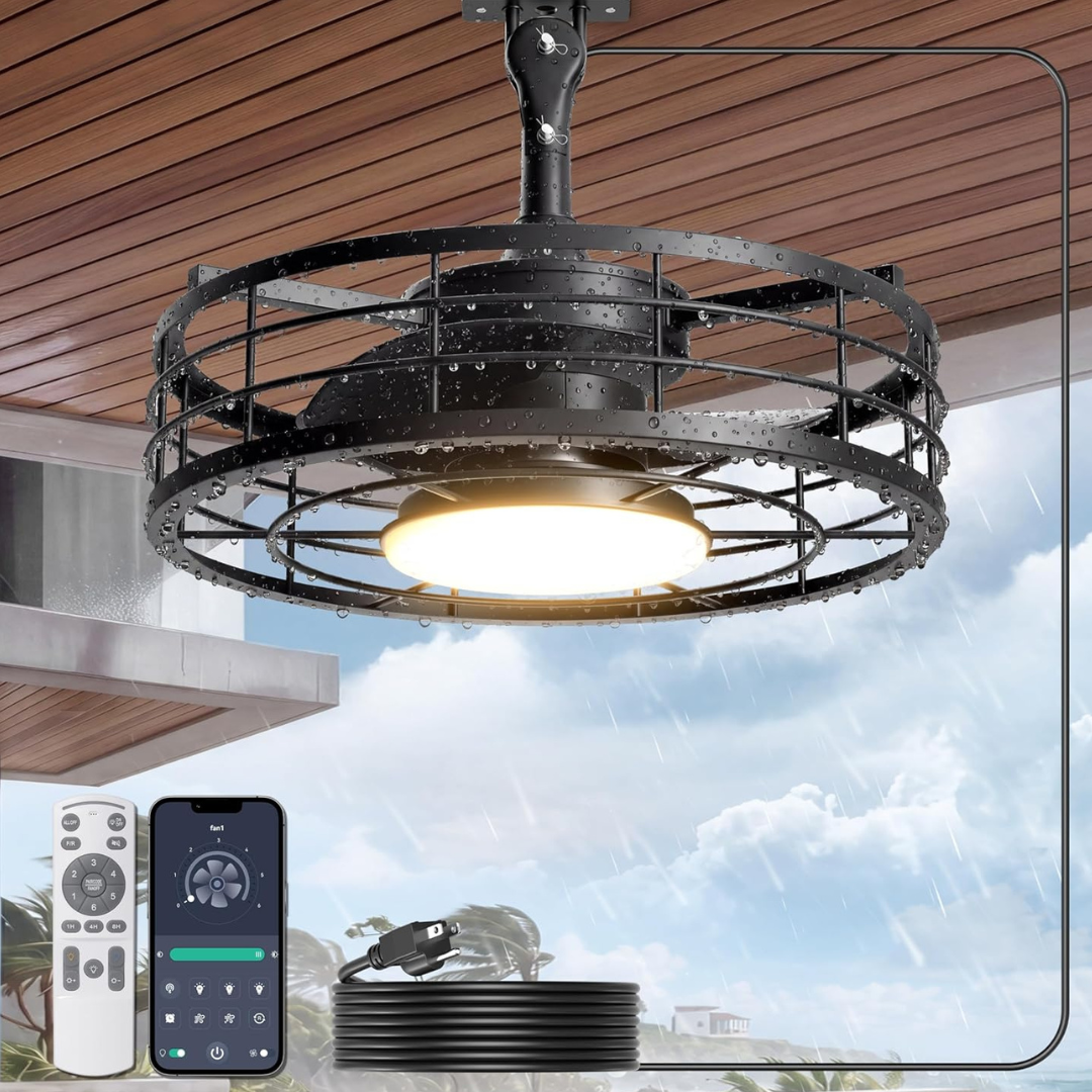 Phylluz 16" Outdoor Wet Rated Ceiling Fan With Lights (Black)