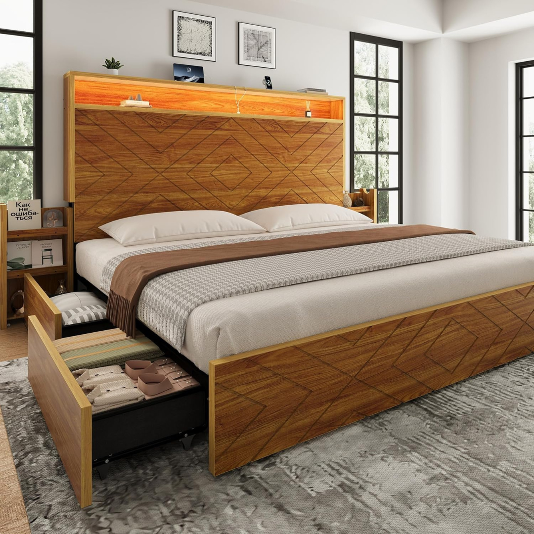 Uteeran Queen Size Bed Frame With 2 Bedside Storage Racks