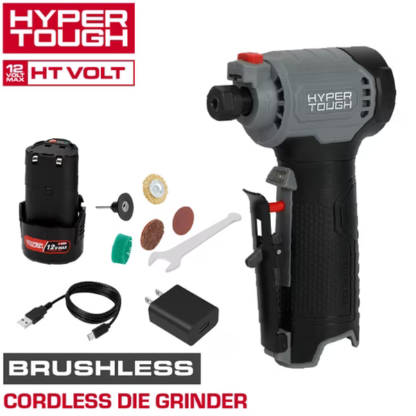 Hyper Tough 12V Brushless Cordless Die Grinder, Battery & Charging Cable