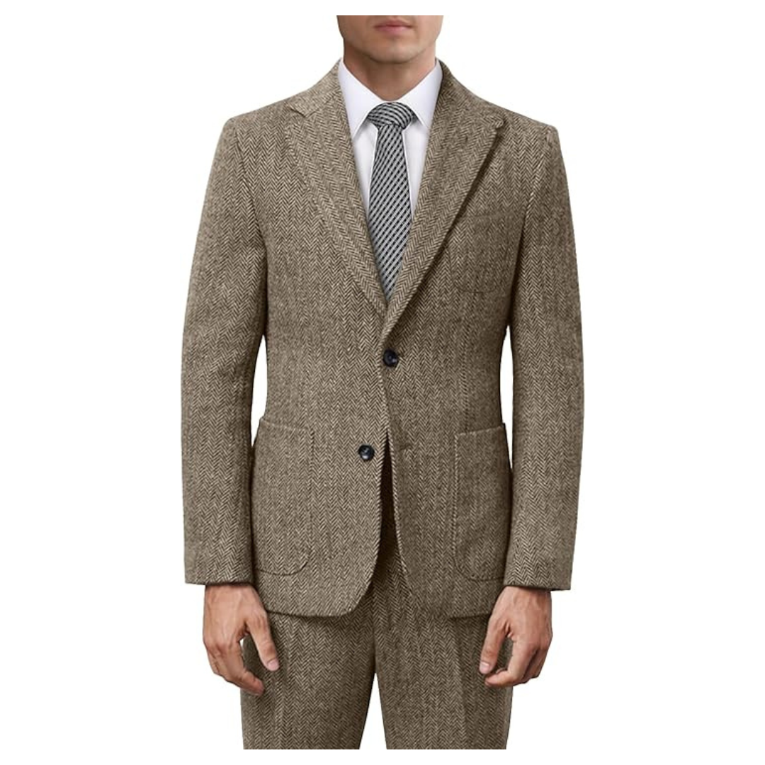 Fesenbo Men's 2-Piece Herringbone Tweed Tuxedos Suit