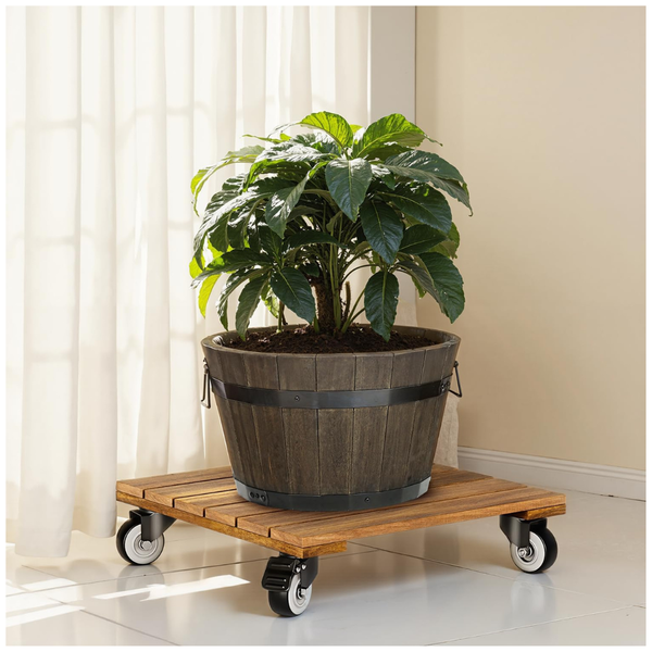 2-Pack 12" Acacia Wood Plant Caddy With Wheels