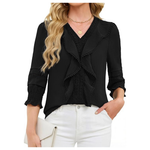 Women's 3/4 Length Sleeve Ruffle V Neck Lace Top W/ Smocked Cuffs (3 Colors)