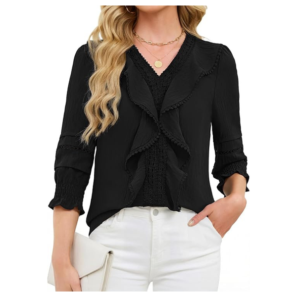 Women's 3/4 Length Sleeve Ruffle V Neck Lace Top W/ Smocked Cuffs (3 Colors)