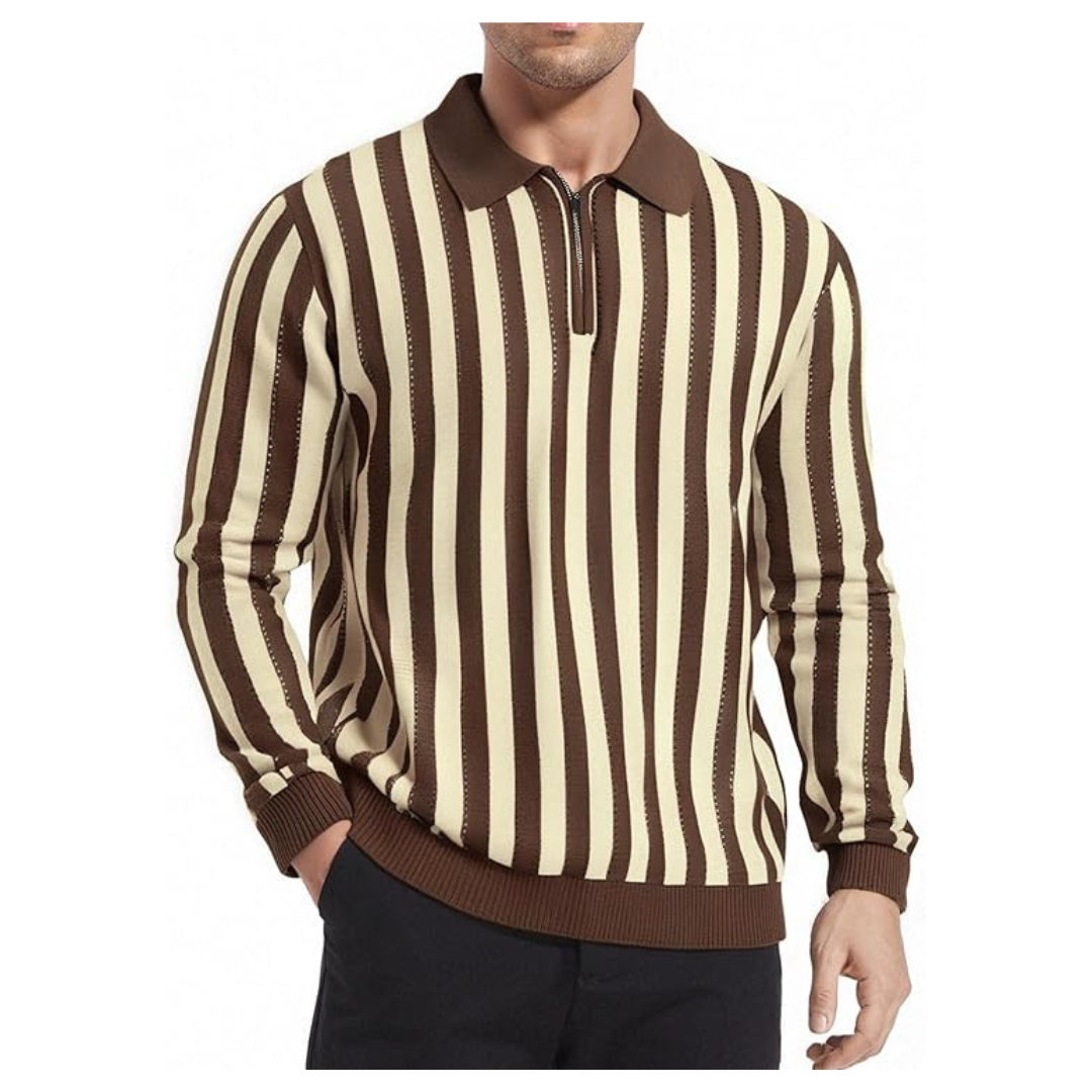 Esabel.C Men's Quarter Zip Collar Striped Knit Polo Shirts
