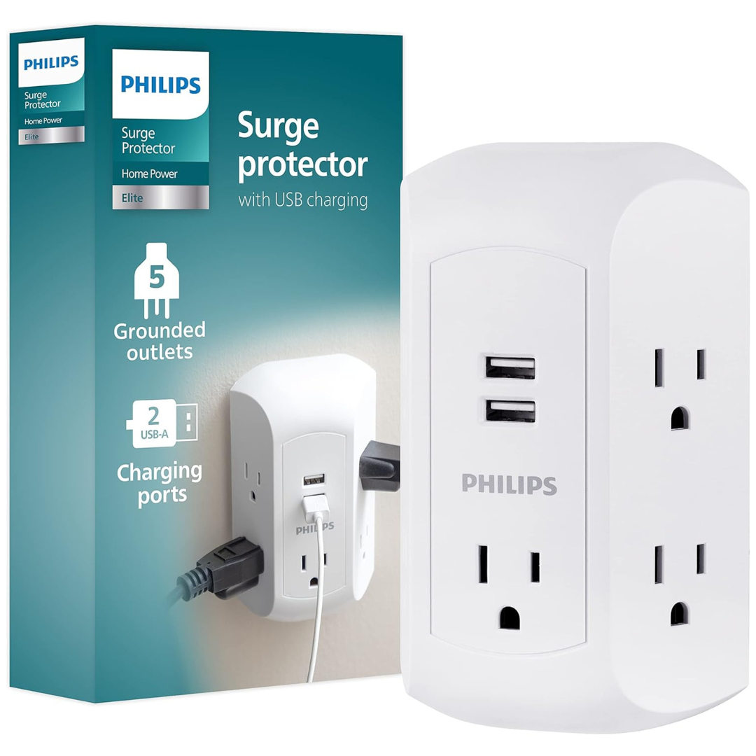 Philips 5 Outlet Surge Protector With 2 USB A (560 Joules)