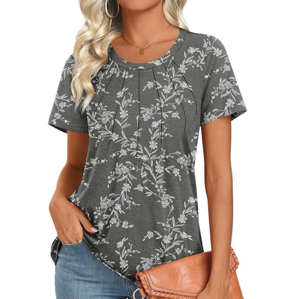 Women's Summer Tunic Short Sleeve Pleated Blouse