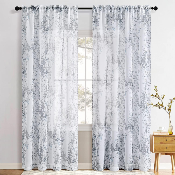 96" White Grey Sheer Curtains 2 Panels Set