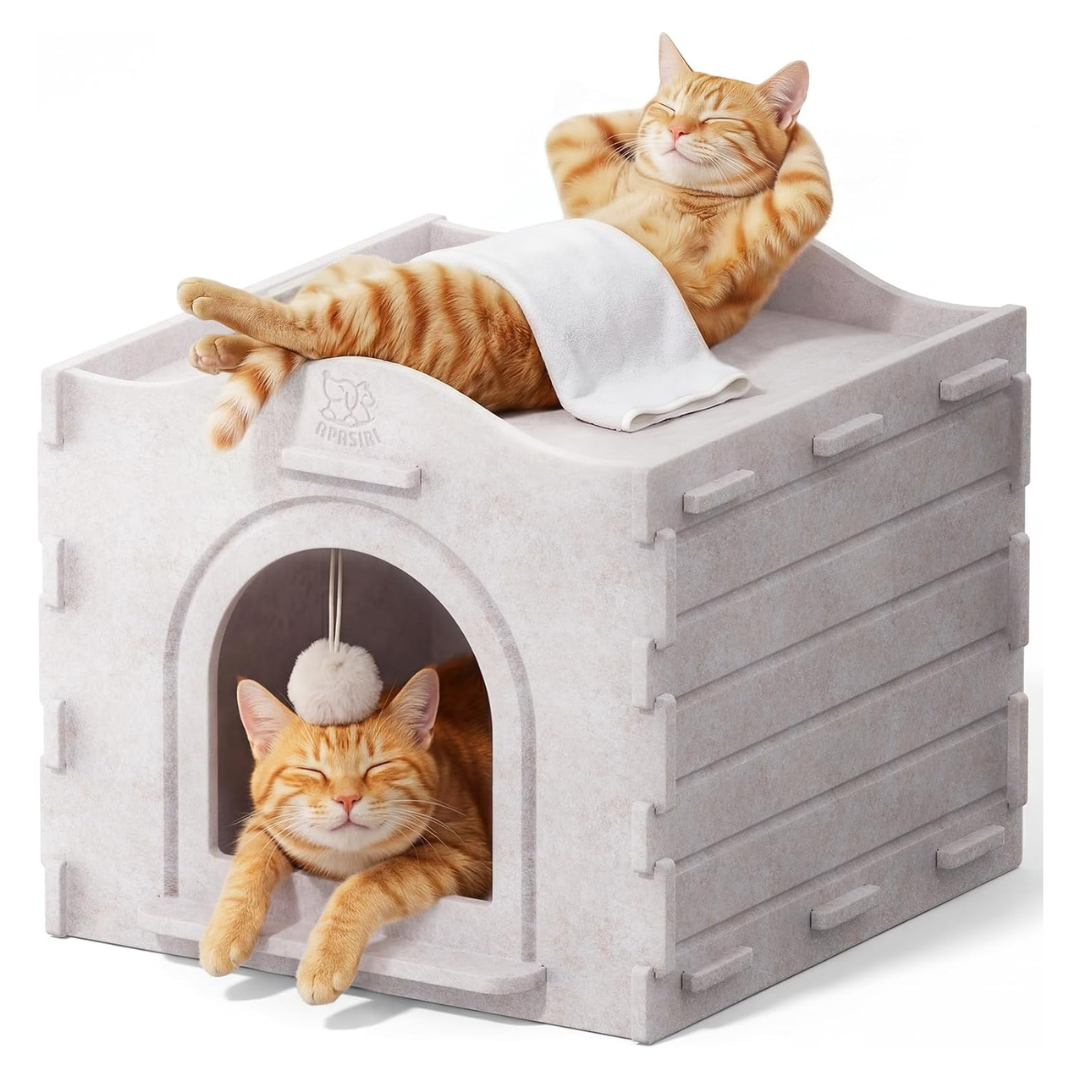 Cat Foldable Hideaway Cat Bed Cave With Hanging Plush Ball