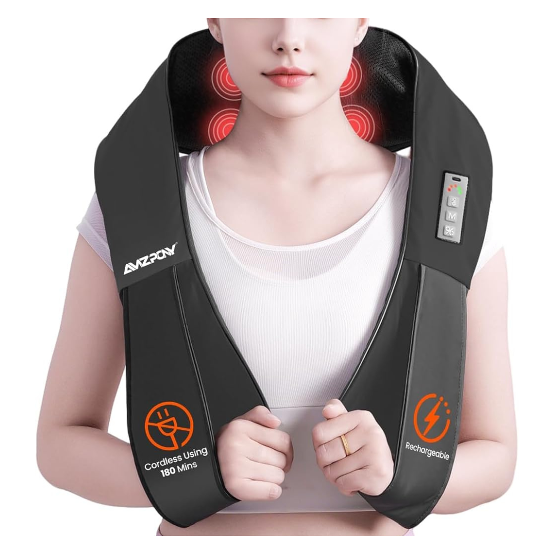 AMZPONY Rechargeable Shiatsu Deep Tissue Neck & Shoulder Massager W/ Heat