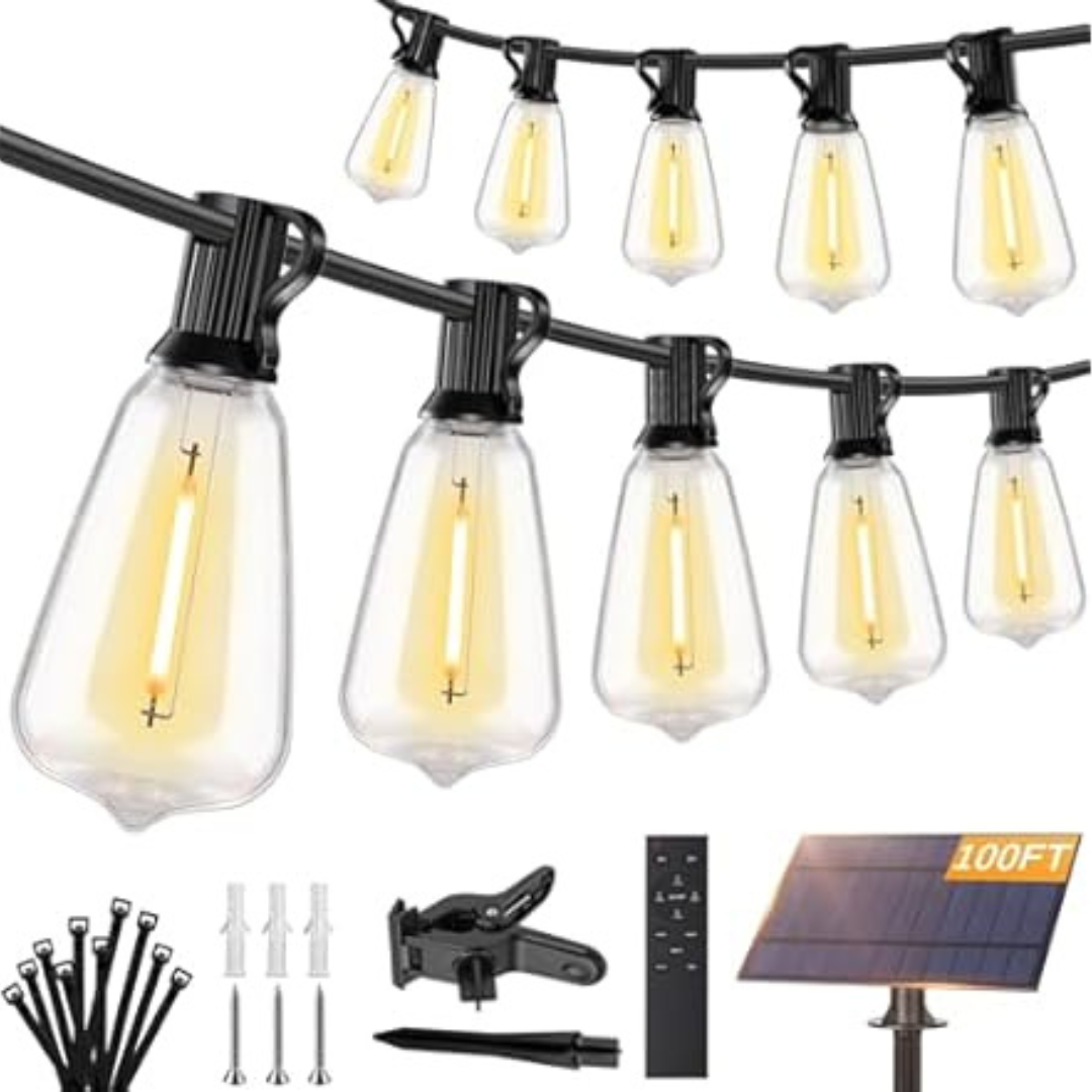 100' 36+2 Shatterproof ST38 LED Solar String Lights W/ Remote