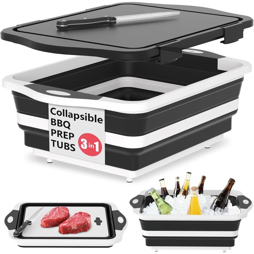 Collapsible BBQ Prep Tub with Lid Cutting Board and Knife Set