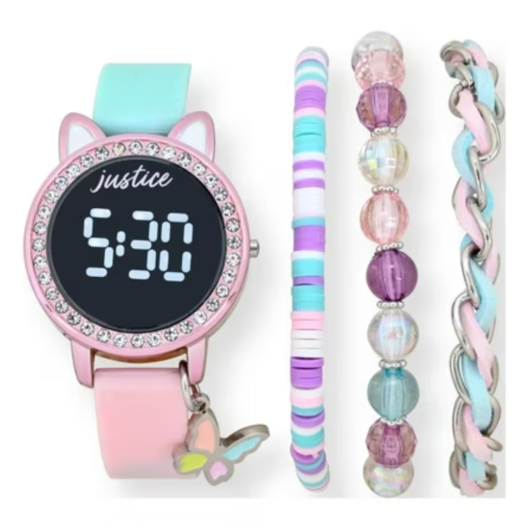 Justice Girl's LED Silicone Watch & Matching Bracelet 4-Piece Set