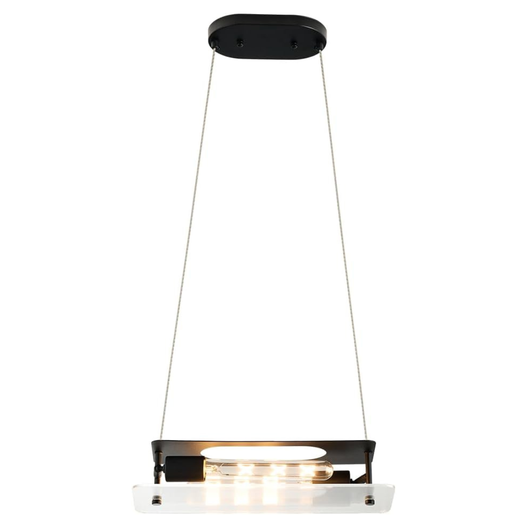 Adjustable Height Modern Black Linear Pendant Light W/ Glass Shade