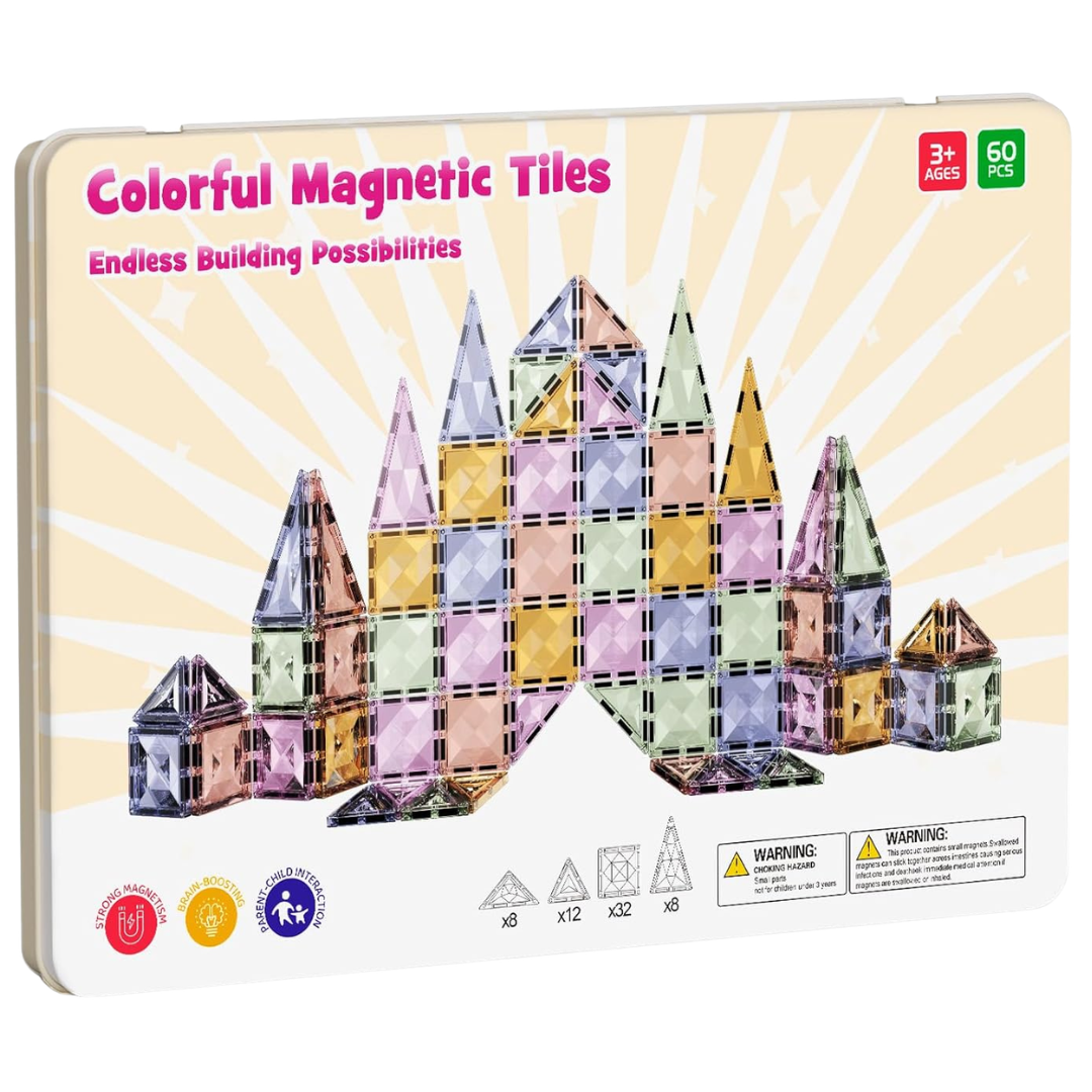 60-Piece Kids Magnetic Tiles STEM Building Set With Metal Storage Box