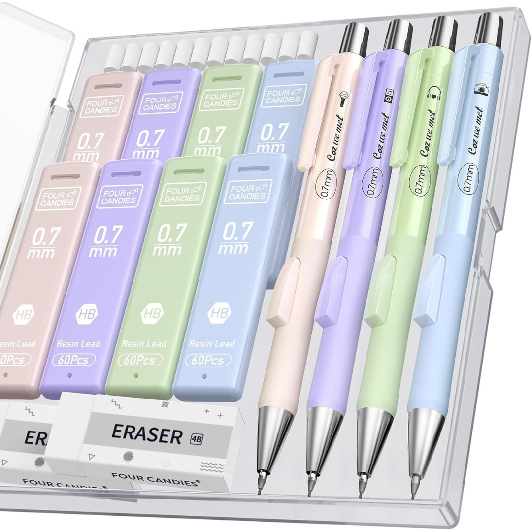 4-Piece Four Candies 0.7mm Cute Mechanical Pencil Set W/ Case (2 Colors)