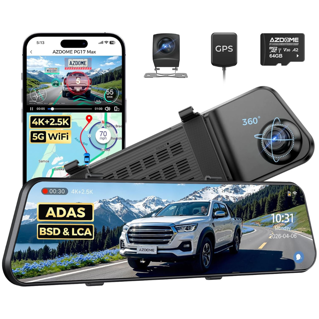 12" AZDOME PG17 Max 4K+2.5K Mirror Dash Cam With ADAS, BSD And LCA