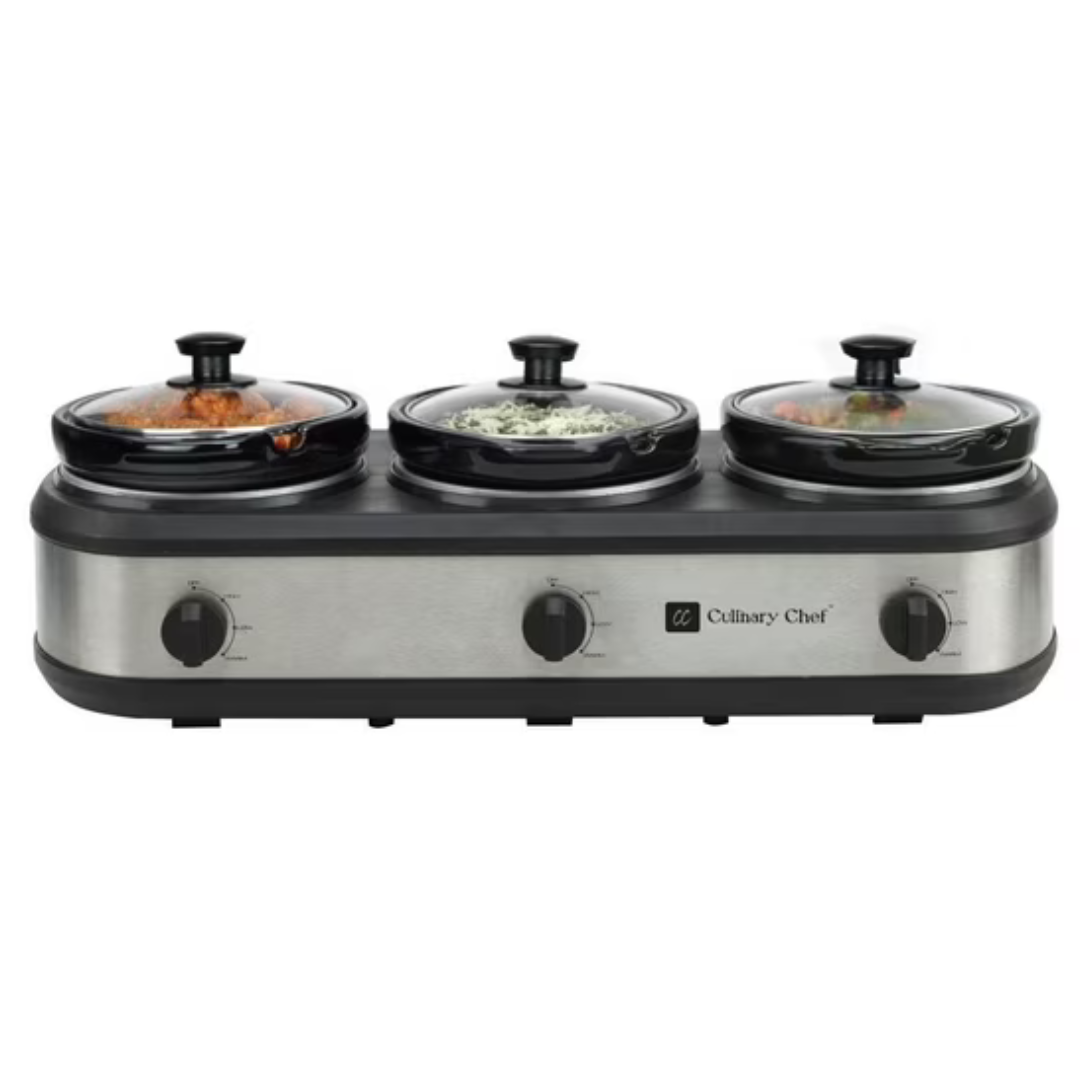 Culinary Chef Stainless Steel Buffet Triple Slow Cooker W/ 3 X 2.5-Qt Pots