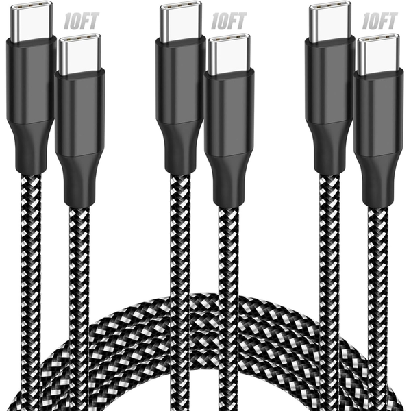 3-Pack 10FT SwaggWood 60W USB-C To USB-C Nylon Braided Fast Charging Cable