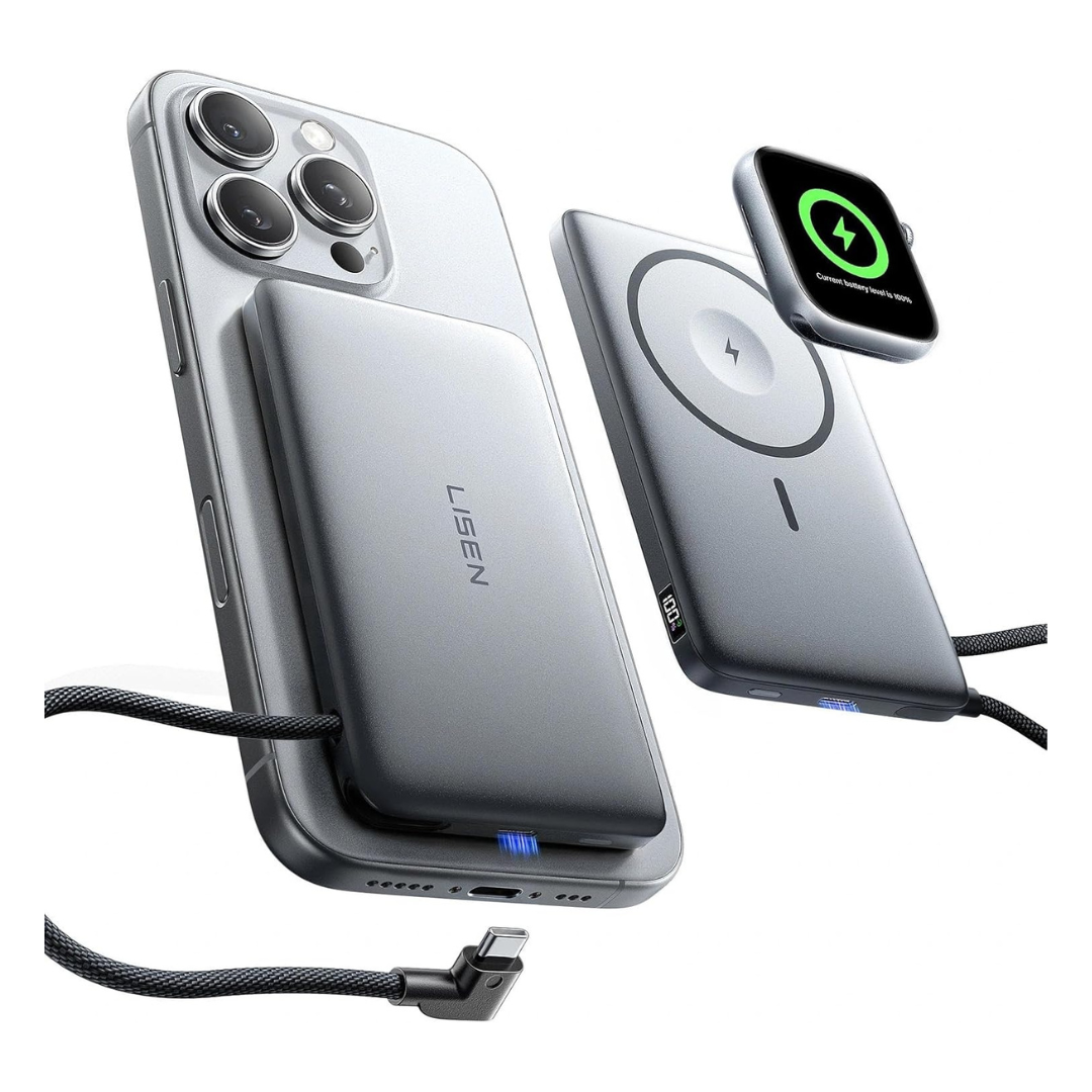 10000mAh Lisen MagSafe Wireless Magnetic Power Bank W/Built-In Cable