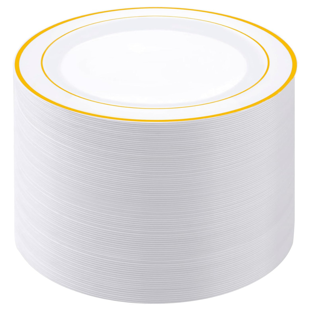 100-Piece PULOTE 10" Disposable Plastic Dinner Plates (Gold Or Silver)