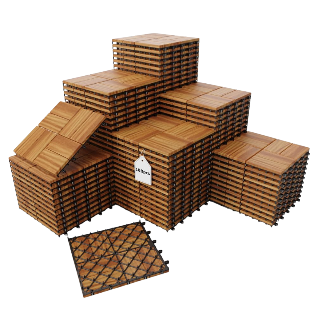 108-Picec 12" x 12" Solid Acacia Wood Deck Tiles